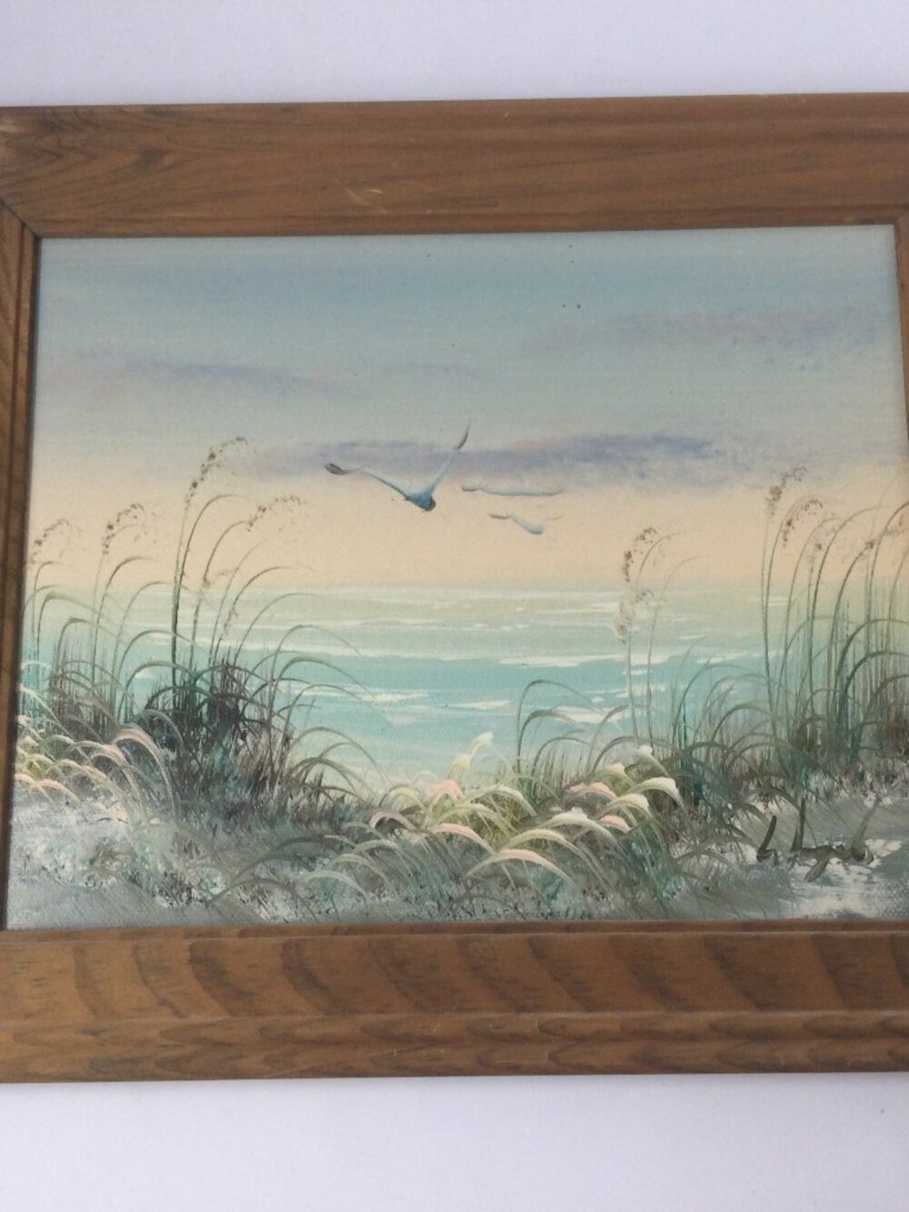 Vintage Handpainted Oil Painting Ocean Sea Beach Nautical Wooden Frame Signed